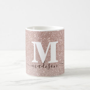 Modern Chic Ro Guld Rosa Glitter Monogram Kaffemugg
