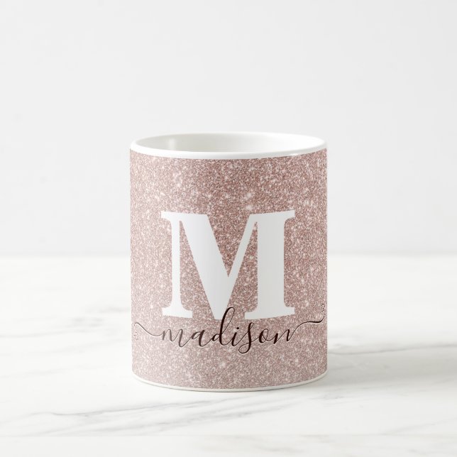 Modern Chic Ro Guld Rosa Glitter Monogram Kaffemugg (Center)