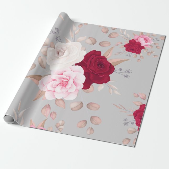 modern chic   röd, rosa blommig presentpapper (Utrullad)
