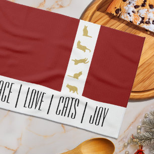 Modern Chic Röd Vit och Guld Kattälskare Jul Kökshandduk