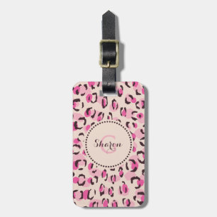 Modern chic rosa cheetah skriver ut mönster monogr bagagebricka