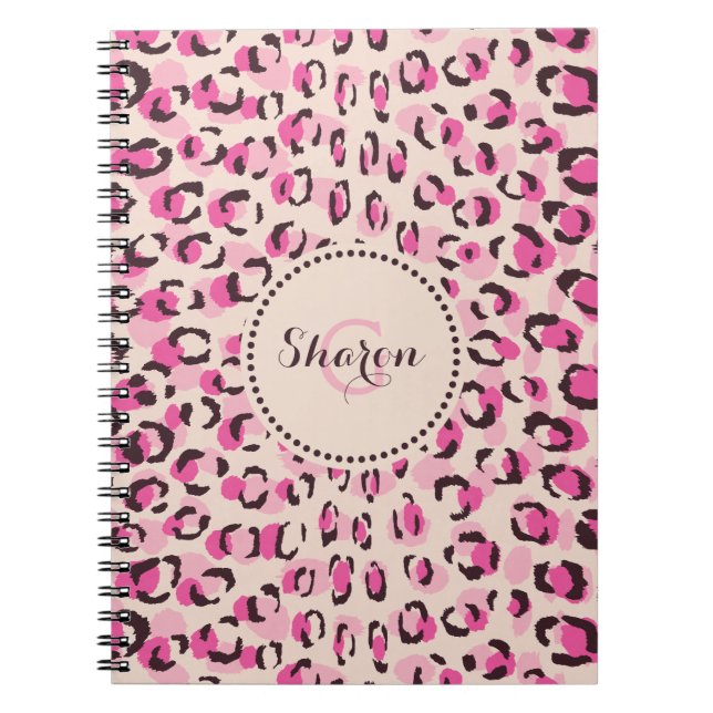 Modern chic rosa gepardtrycksmönster monogram anteckningsbok med spiral (Framsidan)