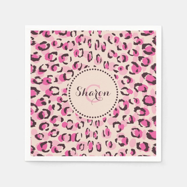 Modern chic rosa gepardtrycksmönster monogram pappersservett (Framsidan)
