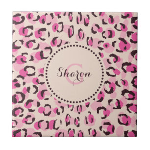 Modern chic rosa monogram för cheetahtryckmönster kakelplatta