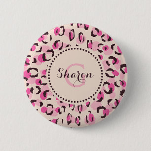 Modern chic rosa monogram för cheetahtryckmönster knapp