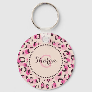 Modern chic rosa monogram för cheetahtryckmönster nyckelring