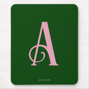 Modern Chic Rosa Monogram Initial på Mörk grönt Musmatta