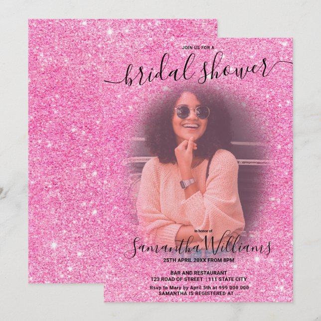 Modern chic rosa rosa glitter möhippa inbjudningar (Fram/baksida)