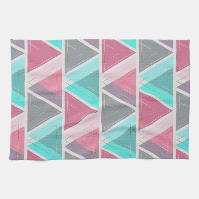 Modern Chic Rosa Teal Guld Geometric Triangles Kökshandduk (Horisontell)