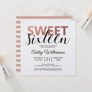 Modern Chic Rosa White Rand Rosa Sweet 16 Inbjudningar