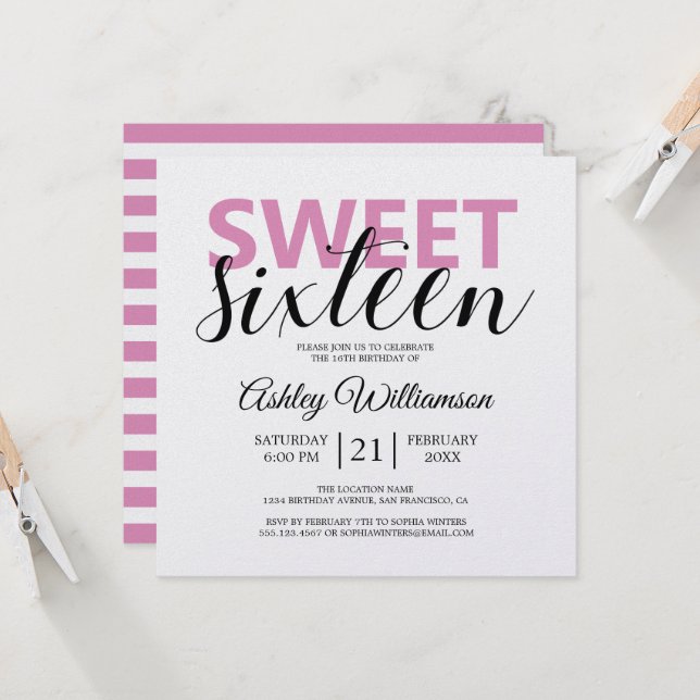 Modern Chic Rosa White Rand Rosa Sweet 16 Inbjudningar (Fram/Back In Situ)
