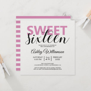 Modern Chic Rosa White Rand Rosa Sweet 16 Inbjudningar