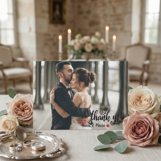 Modern Chic Script Love Heart Wedding Photo Tack Kort (Skapare uppladdad)