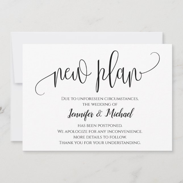 Modern Chic Script Ny Plan Utsatt Annonsering Inbjudningar (Framsida)