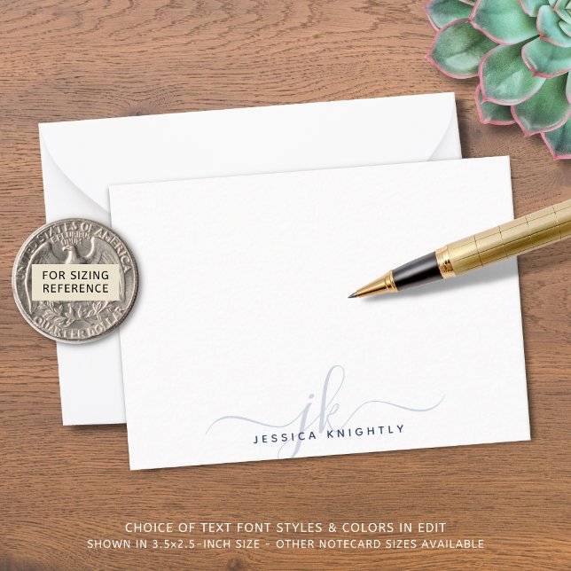 Modern Chic Skript Blue Monogram Initialer - minim Anteckningskort (Skapare uppladdad)