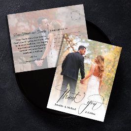 Modern chic-skript tack för två foton bröllop vykort