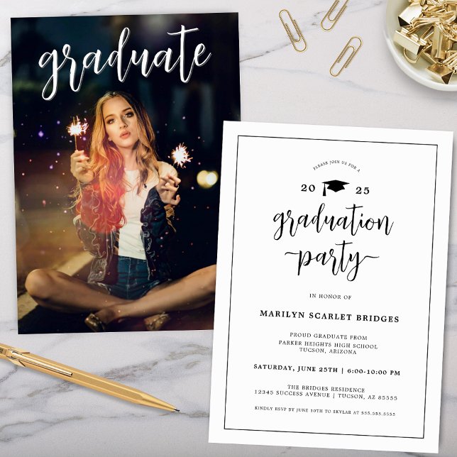 Modern Chic Studenten-inbjudan Inbjudningar (simple modern chic graduation party invitation with full grad party picture on the back for college)