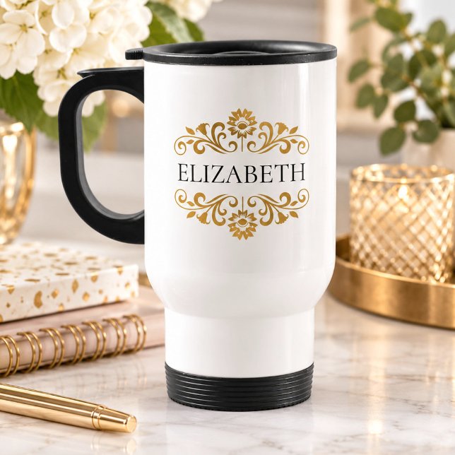 Modern Chic Stylisk Monogram-resemugg Resemugg (An elegant monogram name travel mug with an elegant gold flourish)