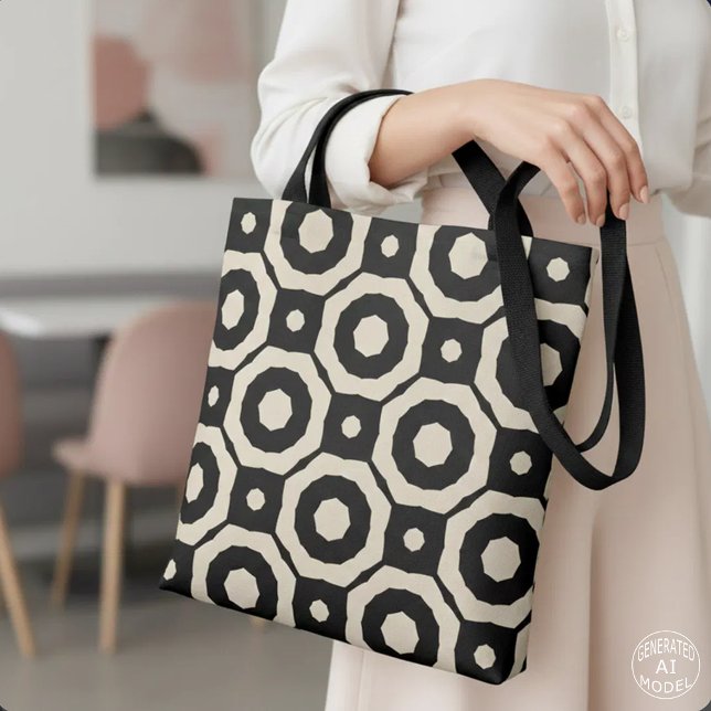 Modern Chic Svart & Beige Geometrisk Mönster Mosai Tygkasse (Skapare uppladdad)