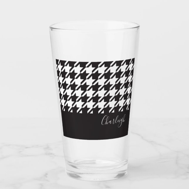 Modern Chic Svart och Vit Houndstooth Glaskopp (Framsida)
