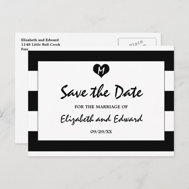 Modern Chic Svart och Vitt Bröllop Save The Date Meddelande Vykort (Fram/baksida)