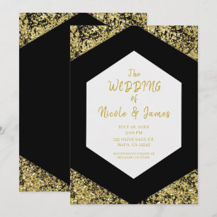 Modern Chic Svarta Guld Glitterflagor Glam Bröllop Inbjudningar