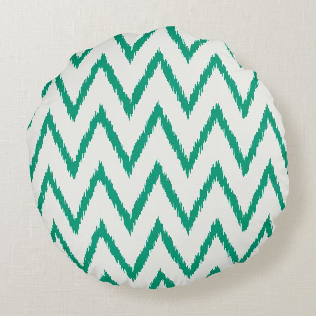 Modern chic texturerad grön ikat-chevronmönster rund kudde (Baksidan)