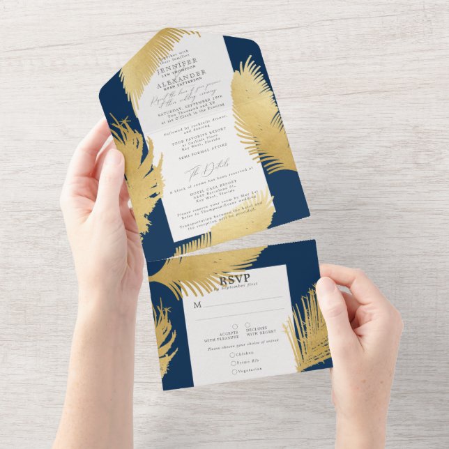 Modern Chic Tropical Guld Handflatan Navy Bröllop (Tearaway)