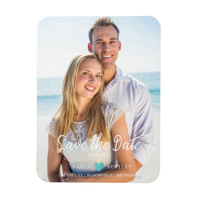 Modern Chic Turquoise Heart Photo Couple Save Date Magnet (Vertikal)