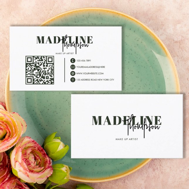 Modern Chic Typografi Skript Mörk grönt QR-kod Visitkort (Skapare uppladdad)
