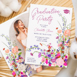 Modern chic vild blommor skript till bild studente inbjudningar<br><div class="desc">Elegant modern illustration av sommarblommor i vår med söt vild blomma och penselmansfoto studenten med modern kalligrafi med röd,  lila,  rosa,  terracotta blommor på vit bakgrund</div>