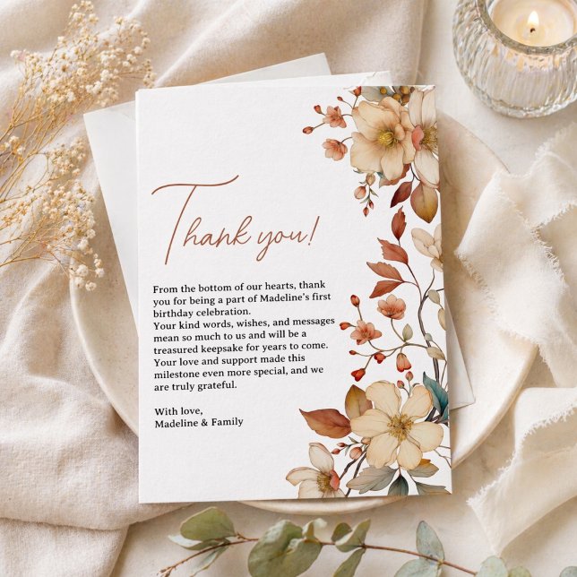  Modern Chic Vildblomma Script 1:a Födelsedag Flic Tack Kort (Modern Chic Wildflower Script 1st Birthday Girl Thank You Card)