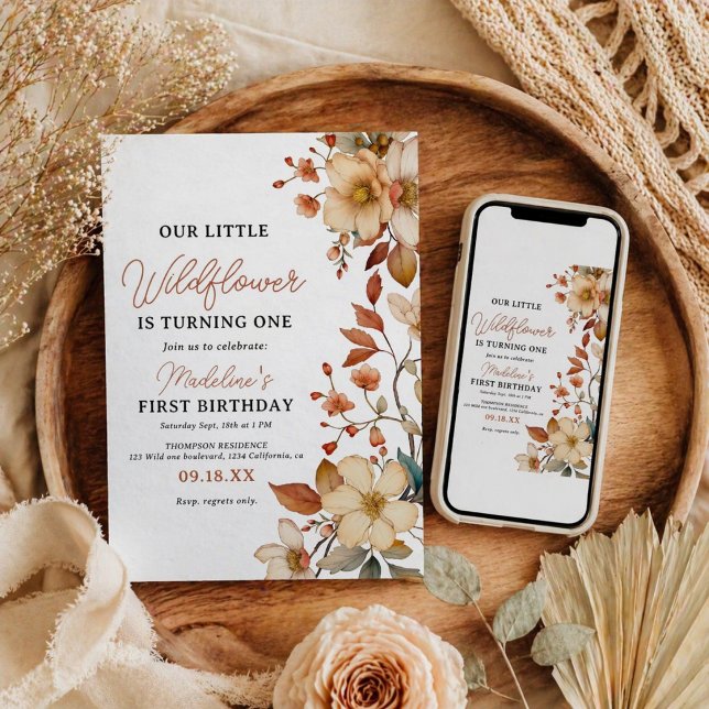 Modern Chic Vildblomma Script 1-års Flicka Inbjudningar (Modern Chic Wildflower Script 1st Birthday Girl Invitation)