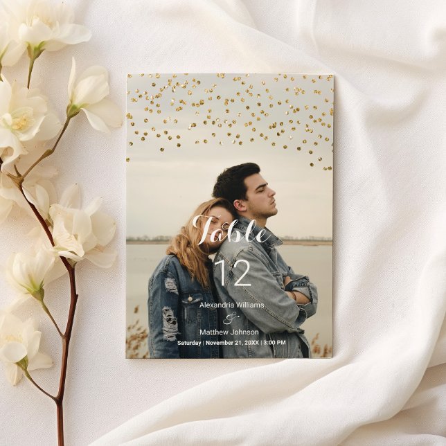 Modern chic vit guldkonfetti Foto Bordnummer Bordsnummer (Modern chic white gold confetti Photo Table Number )