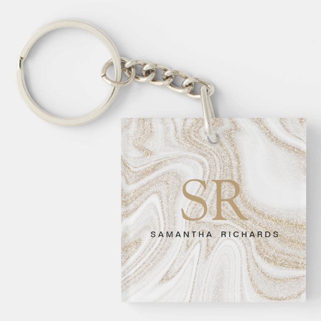 Modern chic, vit marmor guld glitter monogram (Framsidan)