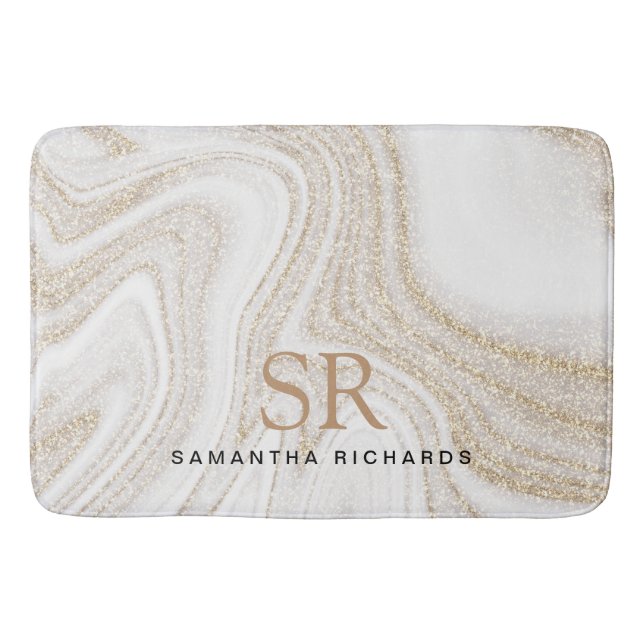 Modern chic, vit marmor guld glitter monogram badrumsmatta (Framsidan)
