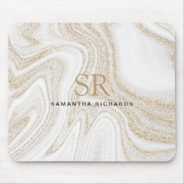 Modern chic, vit marmor guld glitter monogram musmatta