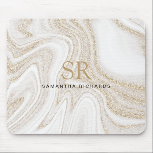 Modern chic, vit marmor guld glitter monogram musmatta