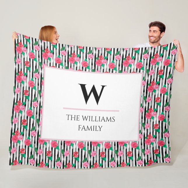 Modern Chic Watercolor Blommigt Rosa ros Monogram Fleecefilt (På plats)