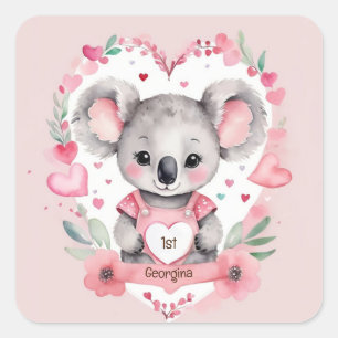 Modern Chic Watercolor Koala Rosa Födelsedagsfest Fyrkantigt Klistermärke