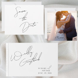 Modern Chic White & Black Scripts Bröllop Gästböcker