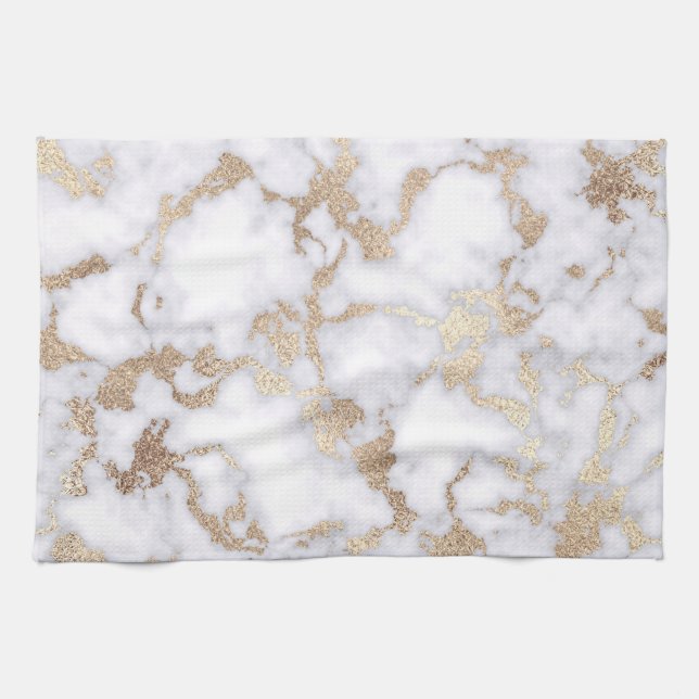Modern Chic White Gold Foil Marble Mönster Kökshandduk (Horisontell)
