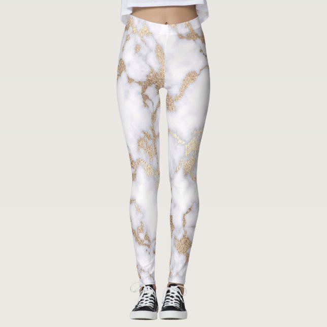 Modern Chic White Gold Foil Marble Mönster Leggings (Framsida)