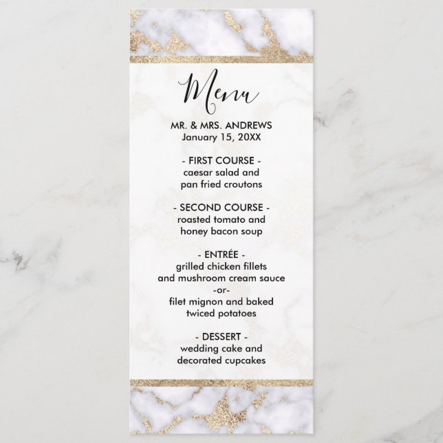 Modern Chic White Gold Foil Marble Mönster Meny (Framsida)