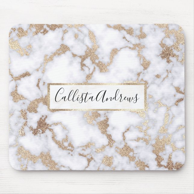 Modern Chic White Gold Foil Marble Mönster Musmatta (Framsidan)