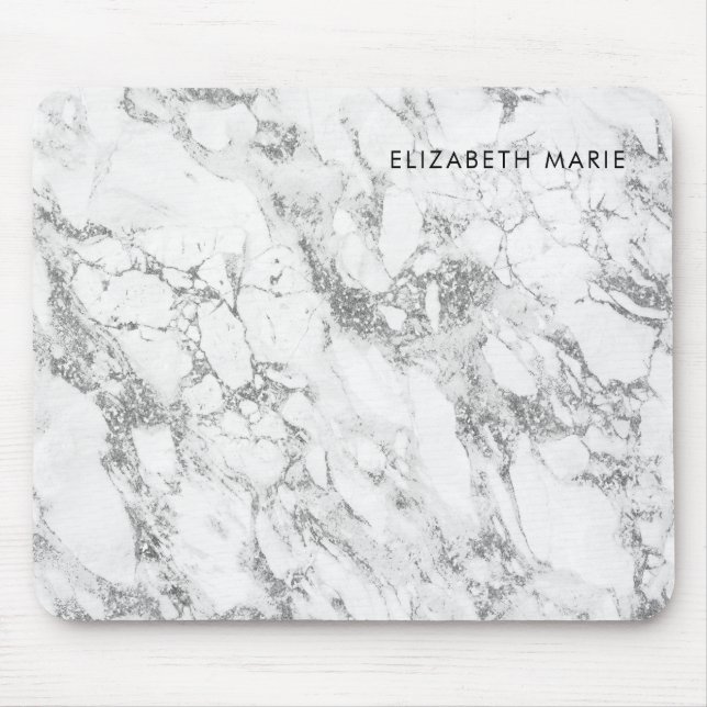 Modern Chic White Grått Silver Grått Glitter Marbl Musmatta (Framsidan)