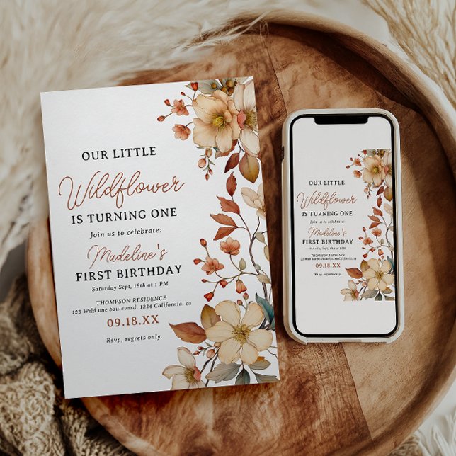 Modern Chic Wildblomskript 1st Birthday Girl Inbjudningar (Skapare uppladdad)