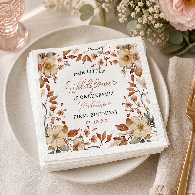  Modern Chic Wildflower Script 1-års födelsedag tj Pappersservett (Modern Chic Wildflower Script 1st Birthday Girl Napkins)