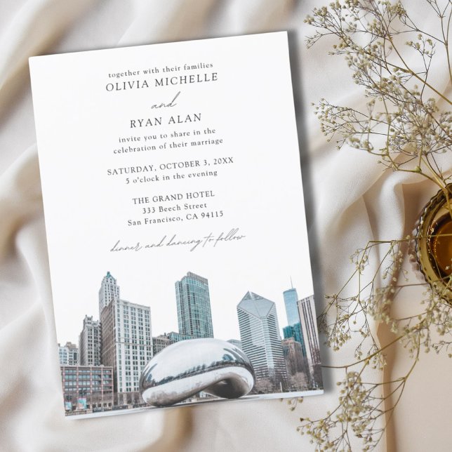 Modern Chicago Bröllop Skyline Black & White Inbjudningar (Modern Chicago Wedding Skyline Black & White Invitation
)