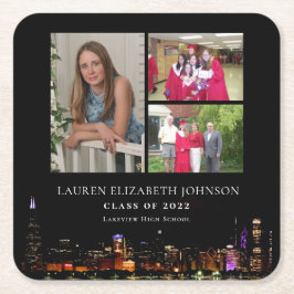 Modern Chicago Skyline 3 Photo Collage Studenten Underlägg Papper Kvadrat